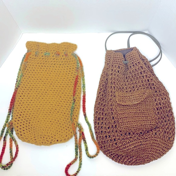 Handbags - Pair Vegan Eco Friendly Mini Backpacks Brown & Black Straw Bucket & Tan Crochet